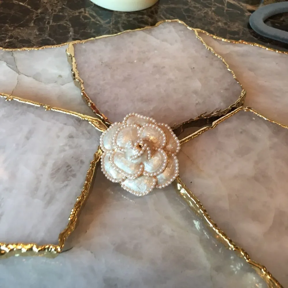 Pearl Camellia Flower Brooch Pin Ivory White Couture Style